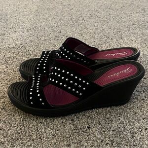 Skechers Black Wedge Sandals with Magenta Insole and Silver Studs